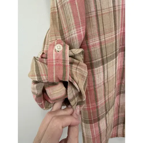 Ralph Lauren Womens L 100% Linen Button Up Shirt Pink Green Tartan Plaid Country Size L