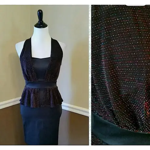 Mystic Black Sparkle Metallic Peplum Cut Halter Dress ModCloth Whimsigoth Glam