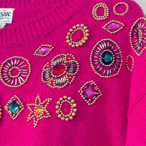 Vintage bright pink cotton/ramie sweater with beads and rhinestones