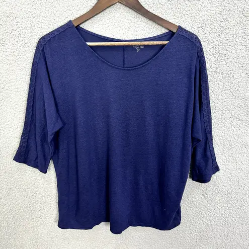 Garnet Hill Top Womens Small Blue 3/4 Sleeve Crochet Lace Accent Linen Cotton