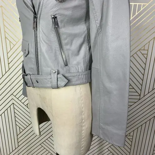Maje Bassung Belted Leather Motorcycle Jacket Gray