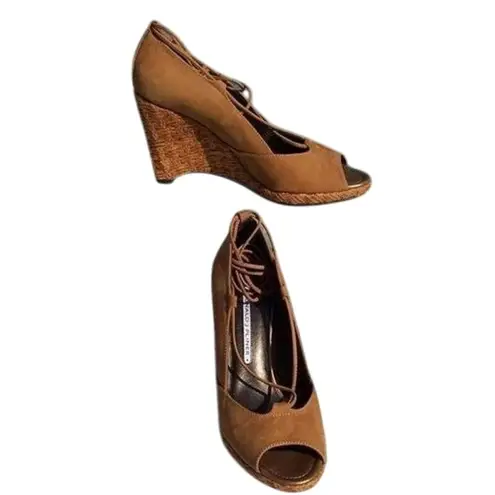 Donald Pliner Camel Suede Leather New Peep Toe Platform Wedges Shoes NWT $235 Brown Size 10