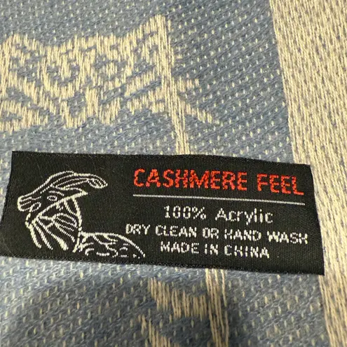 Blue Cat Print Scarf Shawl Lightweight Acrylic Cashmere Feel Fringe Women