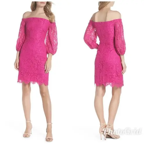 Trina Turk  Pink Lace Cocktail Dress Off The Shoulder Sheath Fuchsia Size 2 New