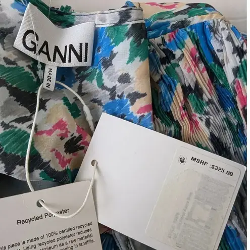 Ganni Floral Tent Dress Blue Green Midi Length Modest Pleated