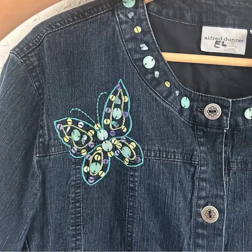 Alfred Dunner Dark Blue Jean Jacket Butterfly Embroidery Beaded Denim Casual Size 18