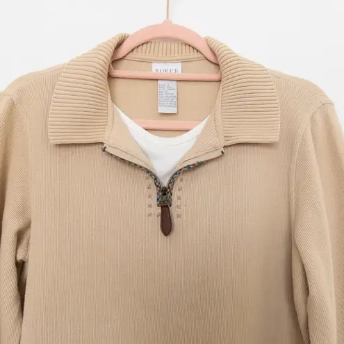 VTG Koret Womens Sweater Size S Beige Collared Zip Cabin Embroidered Boho Retro Tan