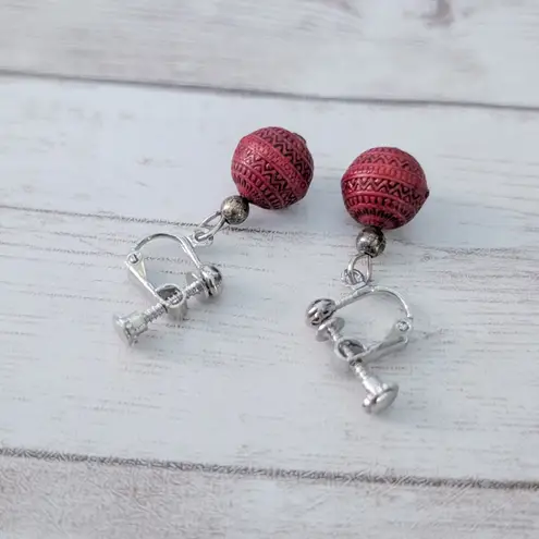 Vintage Clip On Earrings Dark Red Patterned Ball Dangle