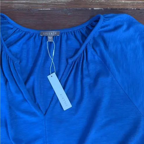 NWT Lilla P Elastic Waist Split Neck Flowy Dress ~ Size Large 💛🍄 Blue