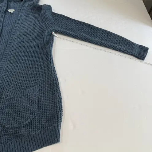 LL Bean Blue Waffle Stitch Hooded Open Cardigan Sweater Pockets Size MEDIUM