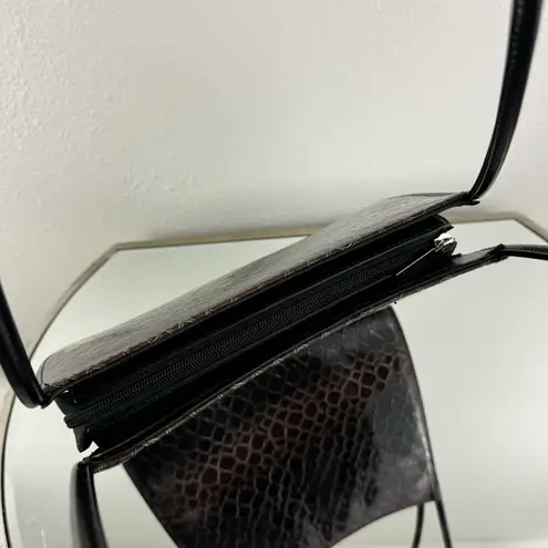 Vintage 90s Black Dark Brown Shiny Faux Leather Croc Embossed Shoulder Bag