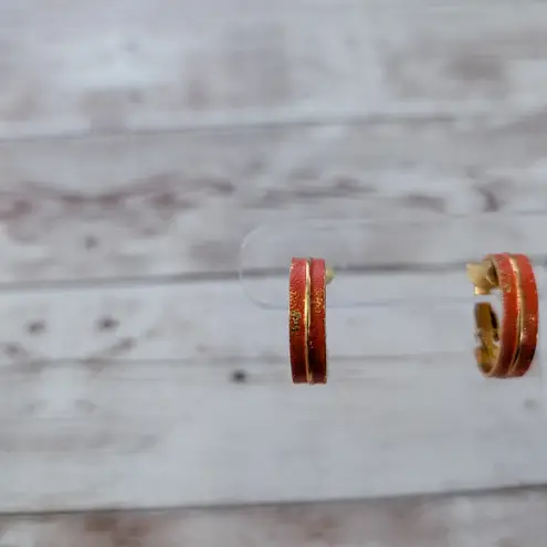 Vintage Clip On Earrings Orange & Gold Tone Hoops