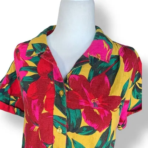 For Cynthia Button Up Shirt Linen Blend Hawaiian Floral Print Yellow Red Petite