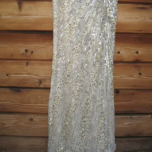 Mac Duggal 5687 SEQUINED ONE SHOULDER DRAPED LACE UP GOWN NWT Nude Silver 4