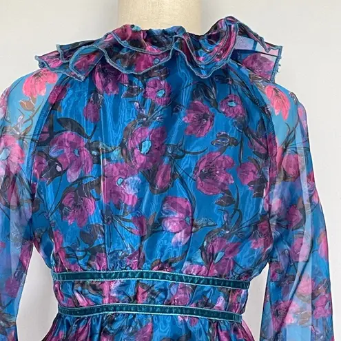 Dee Elly Vici Blue Purple Floral Tie Front Peplum Top