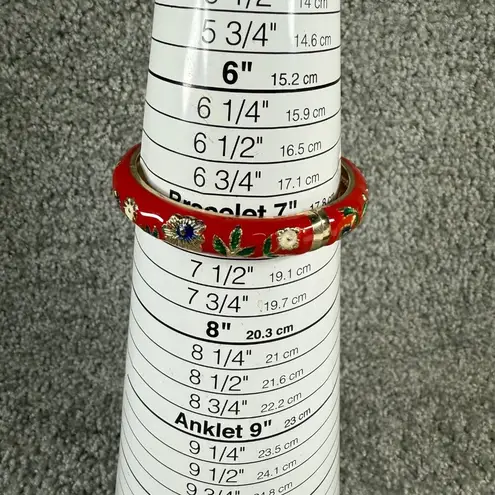 Clamper Style Bracelet Red Color Flower Pattern Accent Multicolor Enamel Painted