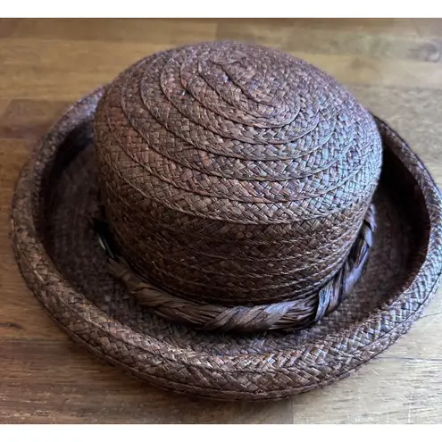 Women's Brown Raffia (?) Bowler Hat Rolled Brim Vintage Liz Claiborne 12” X 10”