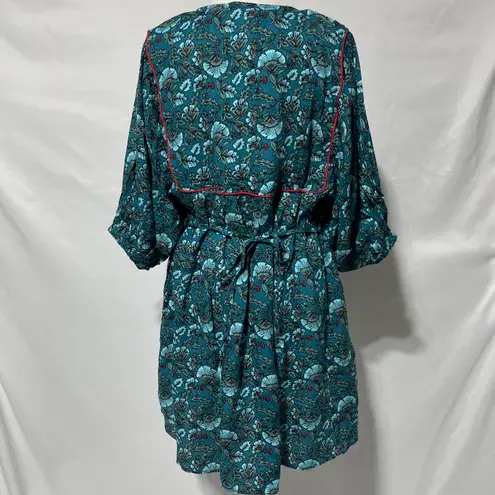 Band Of The Free New Floral Print Tassel Tie Babydoll Mini Dress Teal Size Small