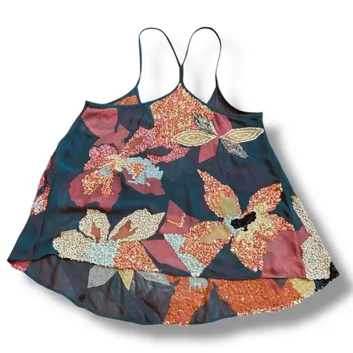 All Saints Dark Gray Orange Sequined Silk Top - Size 12