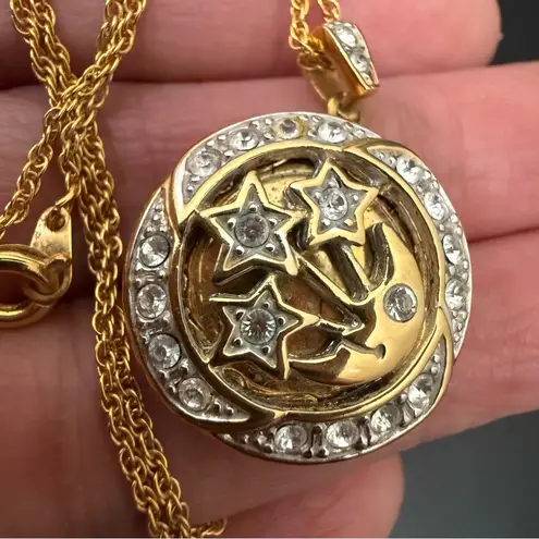 Vintage Unsigned Gold Tone Pave Crystals Moon and Stars Locket Pendant Necklace