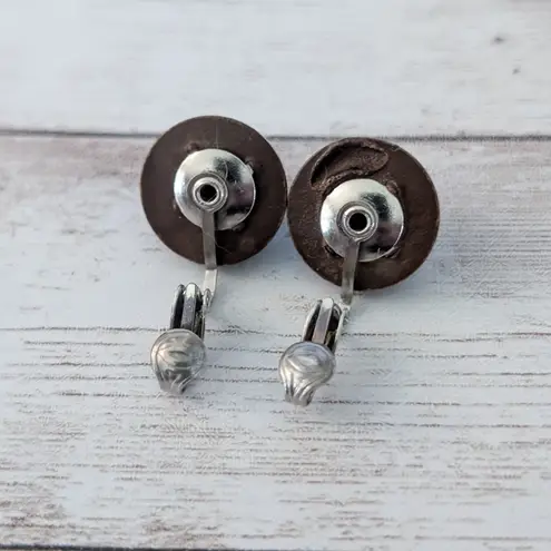 Vintage Clip On Earrings Dark Brown Domed Circle Retro