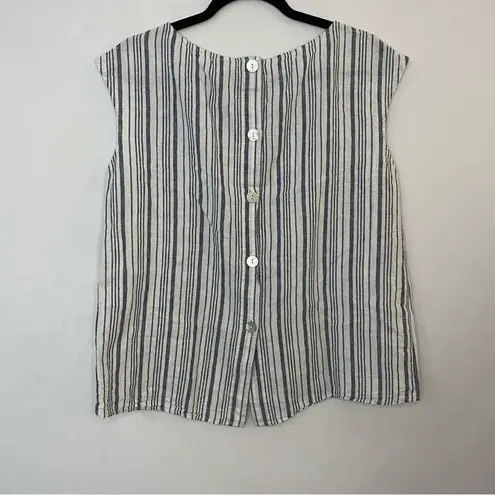 Max Studio  White Blue Vertical Striped Linen Sleeveless Tank Top Shirt Button L