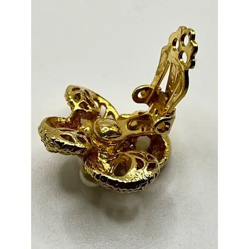 Vintage Gold Tone Faux Pearl Filigree Floral Statement Earrings Clip On Glam