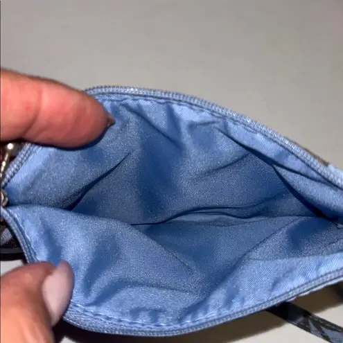 BLUE AND BROWN NYLON/CANVAS LIKE MINI PURSE DETACHABLE HANDLE WILL HOLD IPHONE