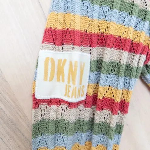 VTG DKNY Womens Knit Hooded Long Sleeve Top Size L Rainbow Stripe Y2K Retro Size L