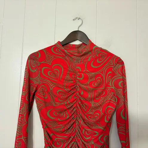 Lisa Says Gah Ruched Long Sleeve Heart Print Mini Dress Size L NWT Red Size L
