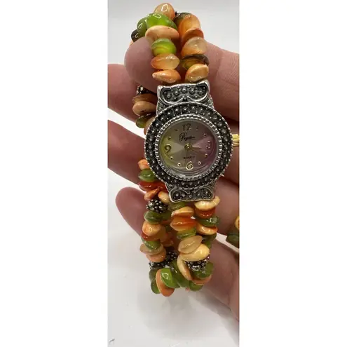 Royalton Women's Stretch Bead Yellow Coral Orange Silver Quartz 6" Wrist Watch