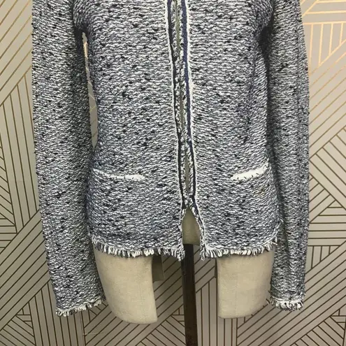 Escada Harbor Blue Tweed Fringe Knit Sweater Blazer Jacket Size US Small