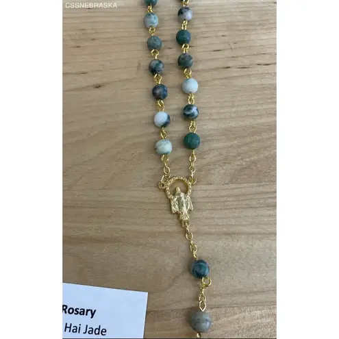 Handcrafted 20" Rosary 6mm Bead of Ching Hai Jade Gold Crucifix, Center, Chain