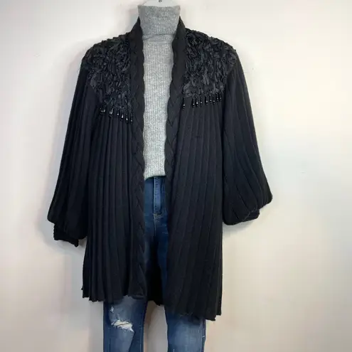 Maurada Vintage 90s Wool Blend Beaded Lace Black Sweater Coat Balloon Sleeves M Size M