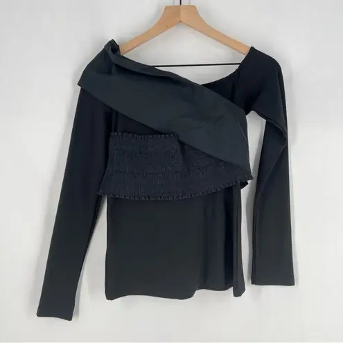 Naked Wardrobe NA-KD Black Smocked Cotton LayeredOff The Shoulder Long Sleeve Top Size S