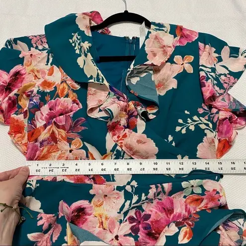 Ny Collection Teal Pink Floral V Neck Dress