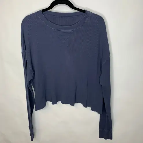 Blue Oversized Cropped Thermal Shirt Top ? Large
