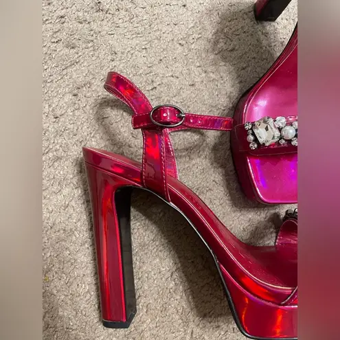 Karl Lagerfeld  Paris Jala Pink Metallic Ankle Strap Platform Heels Sandals