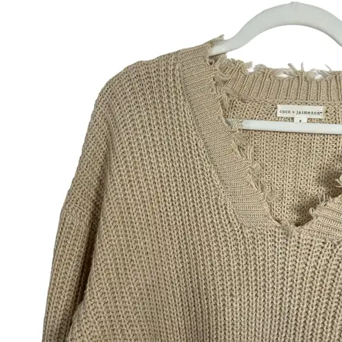 Coco + Jaimeson Cable Knit V-Neck Fringe Sweater in Tan Size S
