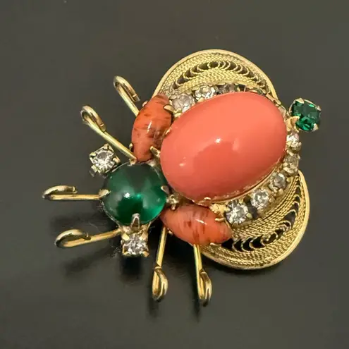 Rare Juliana Delizza & Elster Faux Coral Cabochon Rhinestones Beetle Bug Brooch Orange