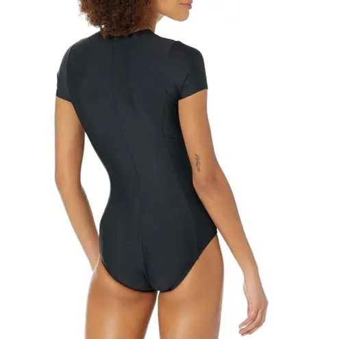 Athena Next by Athena Keoki Native Palms Zip Front Short Sleeve One Piece Size L Black Size L