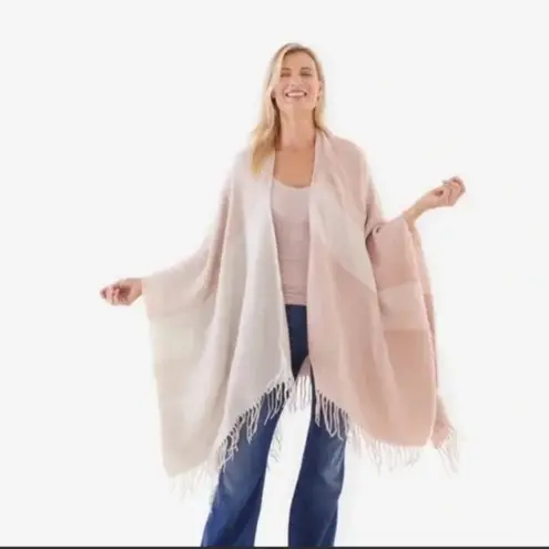 SOIA & KYO NEW Yadira Colorblock Fringe Scarfigan Cape Shawl Shrug Neutral Knit