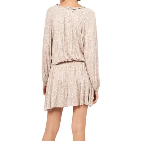 NWT Soft Joie Suki Long Sleeve Geo Print Smocked Waist Pullover Mini Dress Large Tan