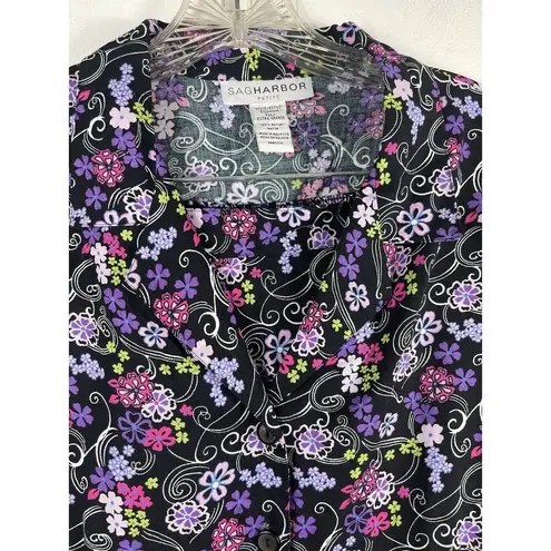 Sag Harbor Black Purple Floral Short Sleeve Button Up Midi Skirt Set PXL