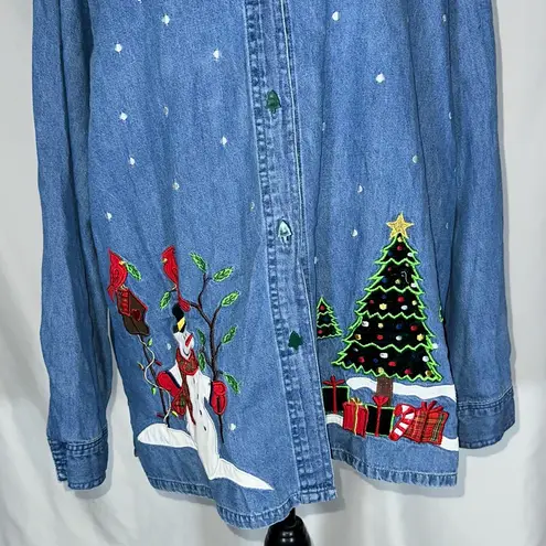 Tantrums • Christmas Embroidered Jean Jacket Christmas Trees Snow Plaid 1x Blue