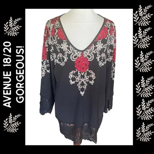 Avenue Womens Blouse Tunic Floral V Neckline Lace Hem Long Sleeve Black Sz 18/20