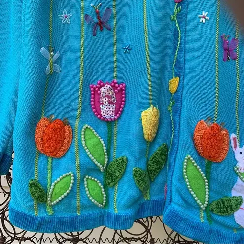 Quacker Factory  blue cardigan spring flowers embroidered embellished MEDIUM