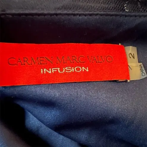 Carmen Marc Valvo Infusion Blue Embroidered Tulle Gown Sequins V-Neck Formal