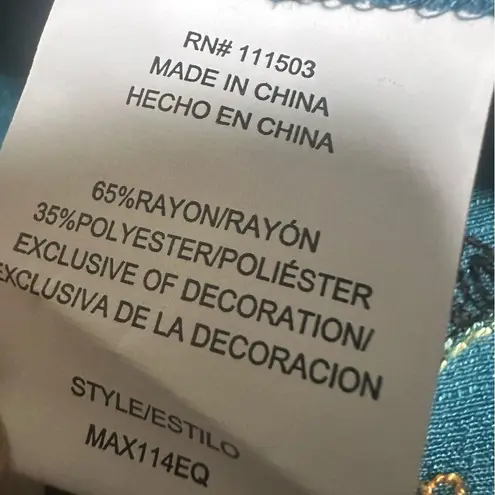 Fig and Flower Anthropologie Boho Floral Teal Shirt Embroidered Roll Tab Blue Size L