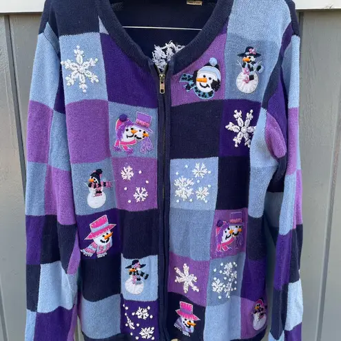 Vintage Snowman Patterned Women's Zip Cardigan Sweater Blue Size M